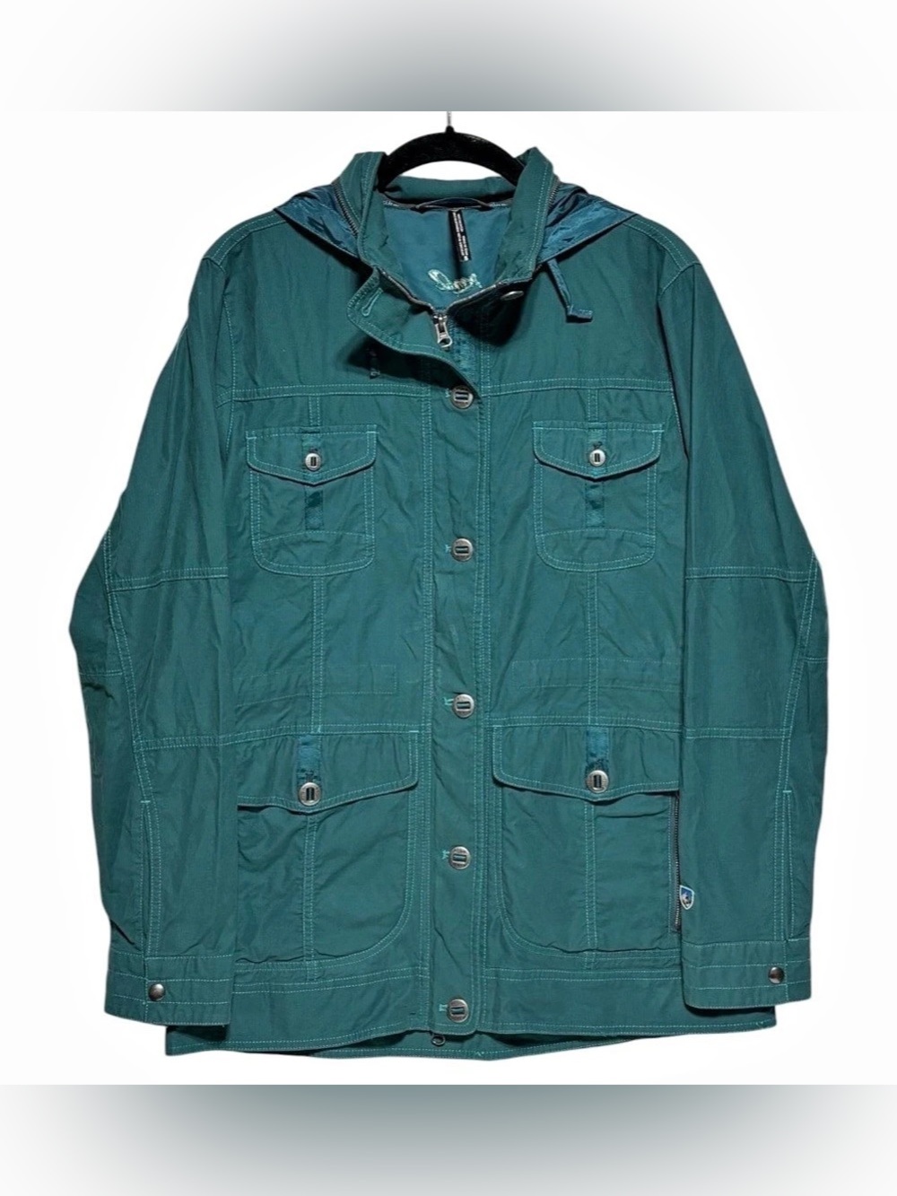 Kuhl Womens Rekon Jacket Size Small Lightweight Utility Teal Hidden Hood Zip